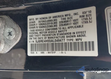 2010 Honda Cr-V Ex from USA, damaged, VIN 5J6RE4H55AL049477